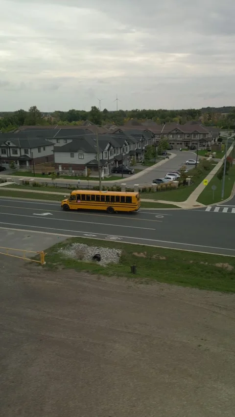 Drone parallel tracks yellow school bus along suburban neighborhood road Video stock 317791035