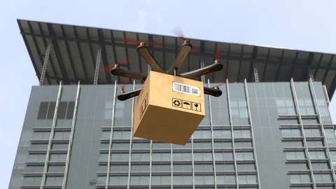 Drone Parcel Delivery Placed On Top Of Building Or Rising 4K (Alpha Channel) 스톡 동영상 110983442