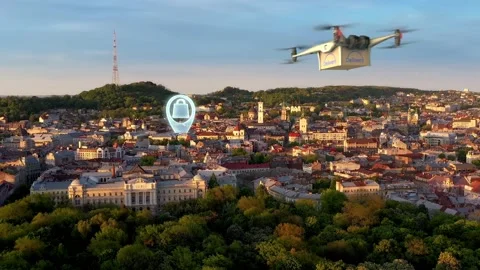 Drone parcel delivery service. Multicopter flying big package into city. Drone Stock Footage 180054043