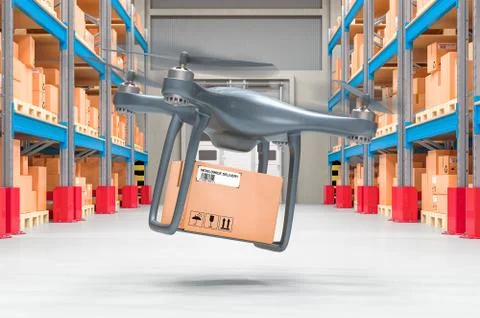 Drone with parcel in storehouse. 3D rendering Stockillustratie