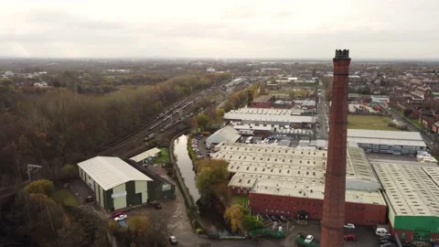 Drone Pass by Chimney Stack Along Ashton Canal – Manchester, UK Stock Footage 235006399