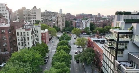 Drone passes a Lower Manhattan rooftop gathering above tree-lined blocks 動画素材 205585691