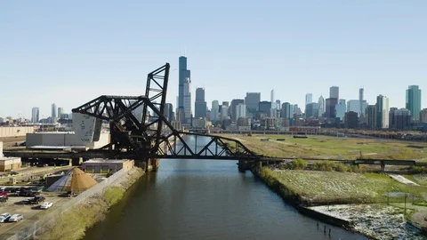 Drone Passes over Bridge in Chicago's South Loop [4K] Stock Footage 110544166