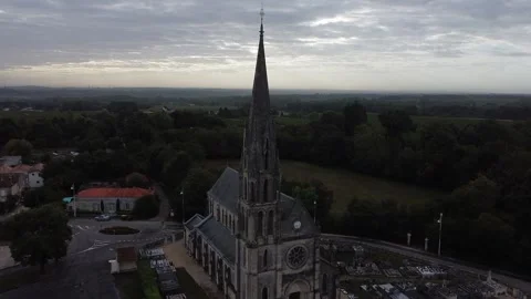 Drone Passing Church Spire Side View Cinematic France Stock Footage 331661325
