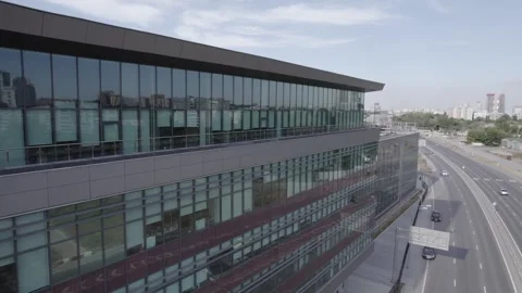 Drone passing Moscow office complex with city skyline Stock-Footage 330230705