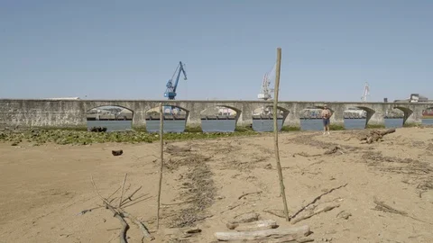 Drone passing an obstacle between two wooden sticks planted in the sand Stock Footage 111898521