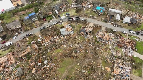Drone passing over devastation of tornado outbreak.  Video stock 266950200