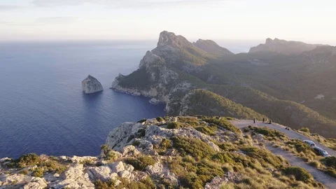 Drone passing past watchtower in Formentor, Mallorca Stock Footage 101718338