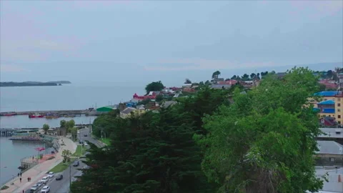 Drone passing tree revealing part of Puerto Montt's coast Vídeo Stock 340992751