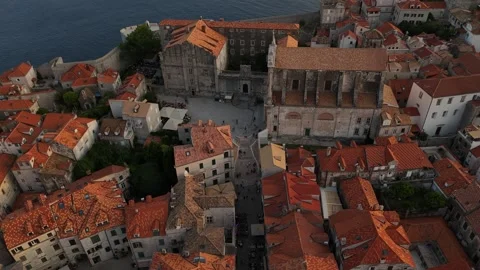 Drone Pedestal Down Tilt Up Centered on Dubrovnik Jesuit Stairs Dusk 4K Stock Footage 337850556