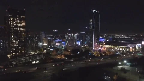 Drone pedestal up over view of LA Live and Staples Center Stock-Footage 74639160