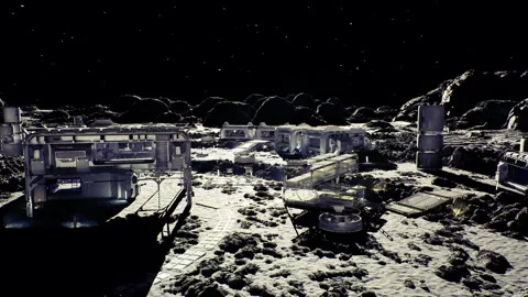 Drone performing critical repairs amid tense lunar surface conditions Stockbeeldmateriaal 339616460