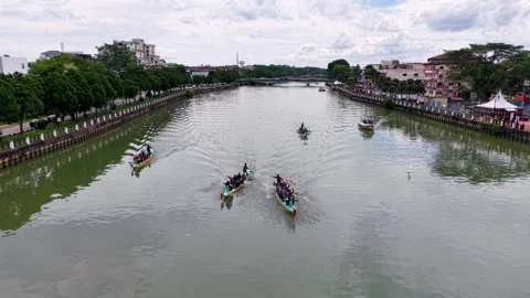 Drone perspective captures dragon boat at Kota Tinggi Stock Footage 332086482
