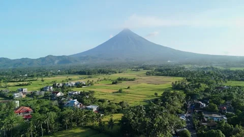 Drone perspective captures Mount Mayon above vibrant rice paddies. Vídeos de archivo 333684146