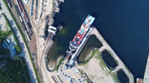 Drone Perspective of Ferry Loading Process at Baie-Comeau Harbor Stock Footage 340039887