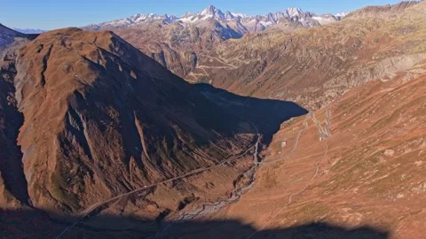 Drone perspective of Furka Pass on a crisp alpine day. Stock Footage 321424779