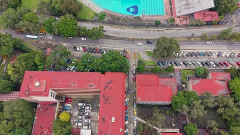 Drone perspective of the iconic UNAM swimming complex, CDMX Vídeo Stock 345277743