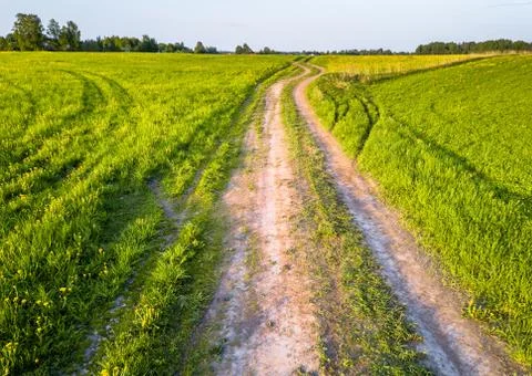 Drone Photo of the Road Between Fields in Colorful Early Spring - Surrounded Stock-Fotos