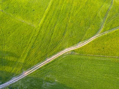 Drone Photo of the Road Between Fields in Colorful Early Spring - Surrounded Stock-Fotos