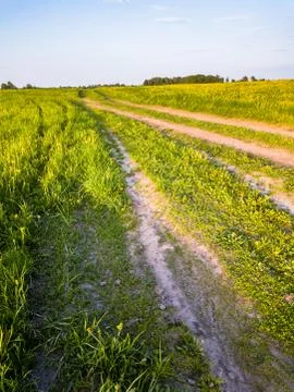 Drone Photo of the Road Between Fields in Colorful Early Spring - Surrounded Stock-Fotos