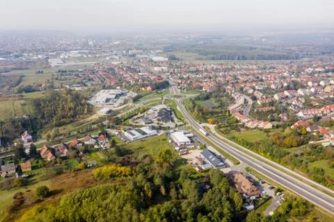 Drone photo of a roundabout in Csacs district on a foggy autumn morning in Ci Stock Photos