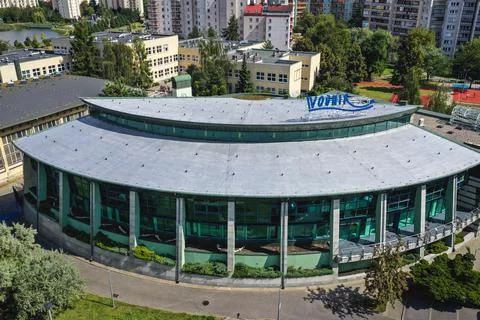 Drone photo of Wodnik swimming pool in Goclaw area of Warsaw, Poland Stock Photos