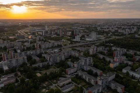 Drone photography of apartment flat complex in a city near a park Stock Photos