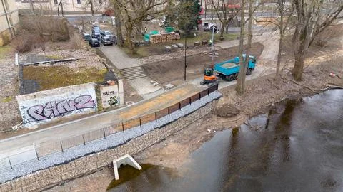 Drone photography of construction workers renovating and old sidewalk durin.. Stock Photos