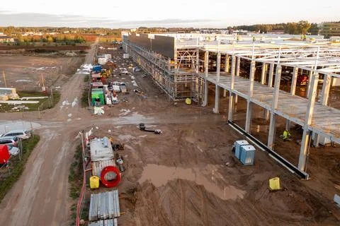 Drone photography of constructions site of large commercial building with c.. Stock Photos