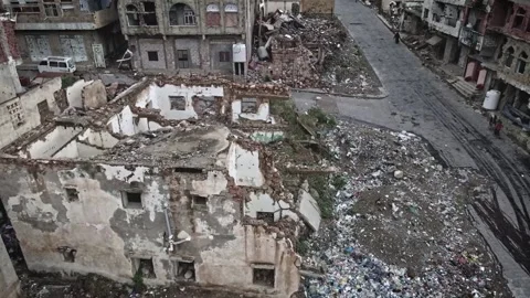 Drone photography of the devastation caused by the war in Taiz, Yemen Stock Footage 190012223