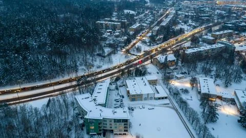 Drone photography of a traffic jam in a multiple lane street during winter .. Stock Photos