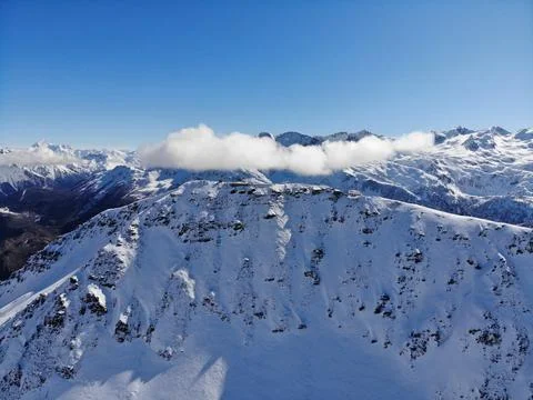 Drone picture of snowy mountain Alps Italy La Thuile Stock Photos
