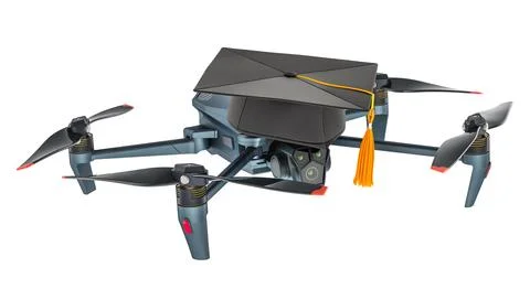 Drone pilot course. Drone with graduation cap, 3D rendering Stock Illustration