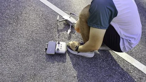 Drone pilot preparing quadcopter before flight on asphalt road. Stock Photos