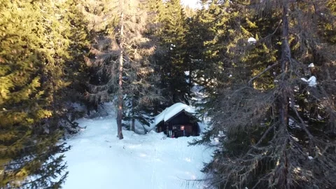 Drone pilot standing in front of small wooden cabin in winterly forest Stock Footage 145800540