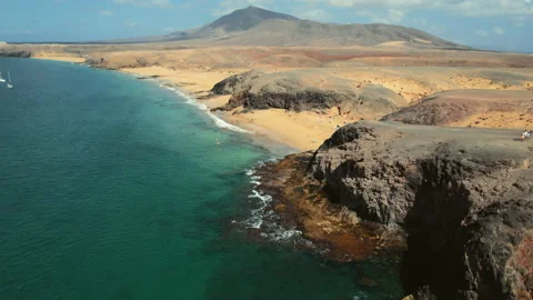 Drone point of view, aerial shot of sandy beach of Lanzarote. Spain Stock Footage 179497829