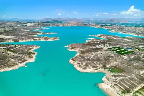Drone point of view Embalse de La Pedrera lake Stock Photos