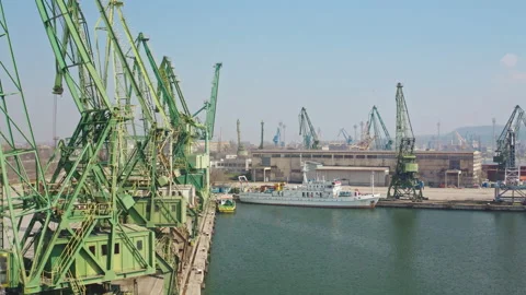 Drone point of view harbor cranes for containers in port of Black sea Stock Footage 236708510