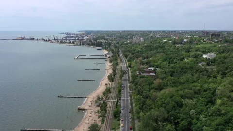 Drone point of view. Panoramic view of the embankment of the seaside town. Stock Footage 166554334