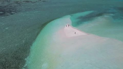 Drone point of view at people walking at sandbar Video stock 305629532