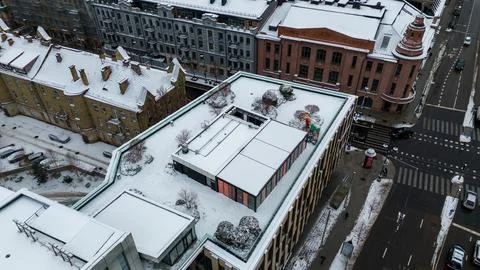 Drone point of view of a restaurant on a rooftop during winter Stock Photos