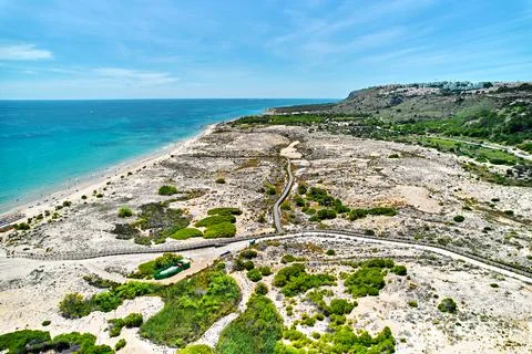 Drone point of view of sandy beach of Gran Alacant Stock Photos