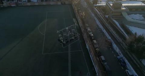 Drone Point of View of Soccer Stadium Lights during sunrise 4K  Stock Footage 155000405