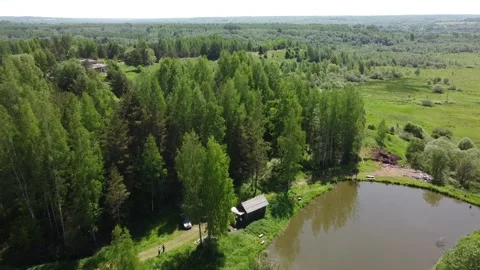 Drone Pond forest Edge Sky Reflected in Brown Water Stock Footage 134205752