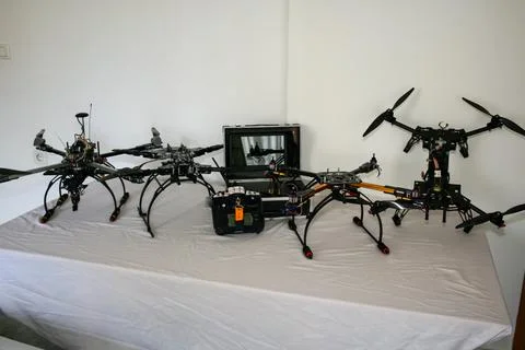 Drone production line on display for the final electronic static test Stock Photos