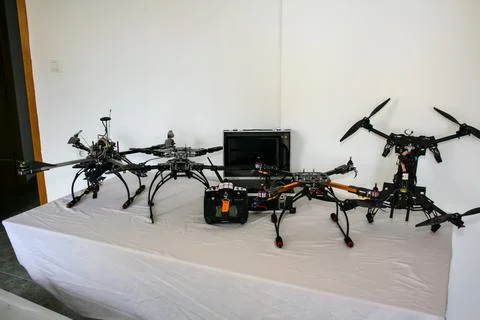 Drone production line on display for the final electronic static test Stock Photos