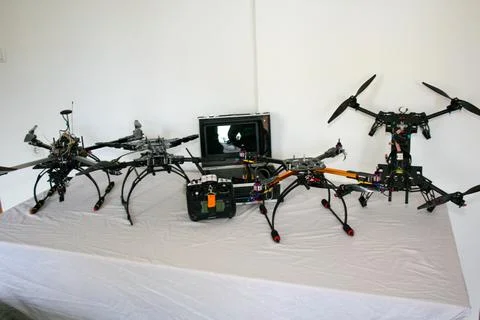 Drone production line on display for the final electronic static test Stock Photos