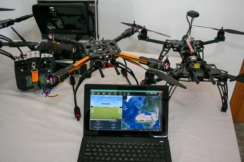 Drone production line on display for the final electronic static test Фото