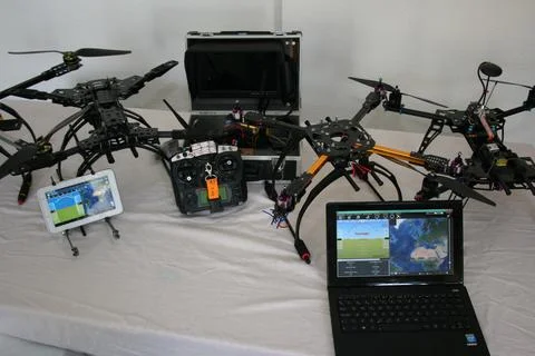 Drone production line on display for the final electronic static test Stock Photos