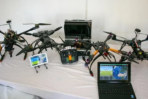 Drone production line on display for the final electronic static test Stock Photos